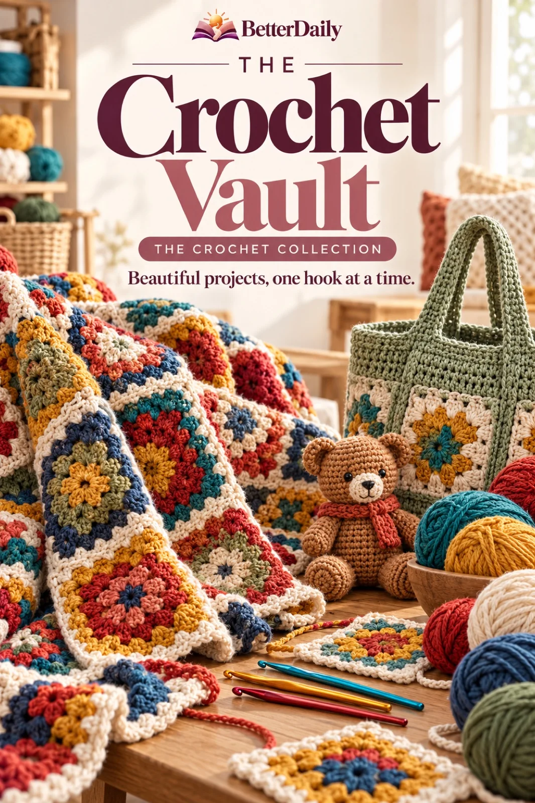 The Crochet Vault cover with crochet hook and granny-square blanket
