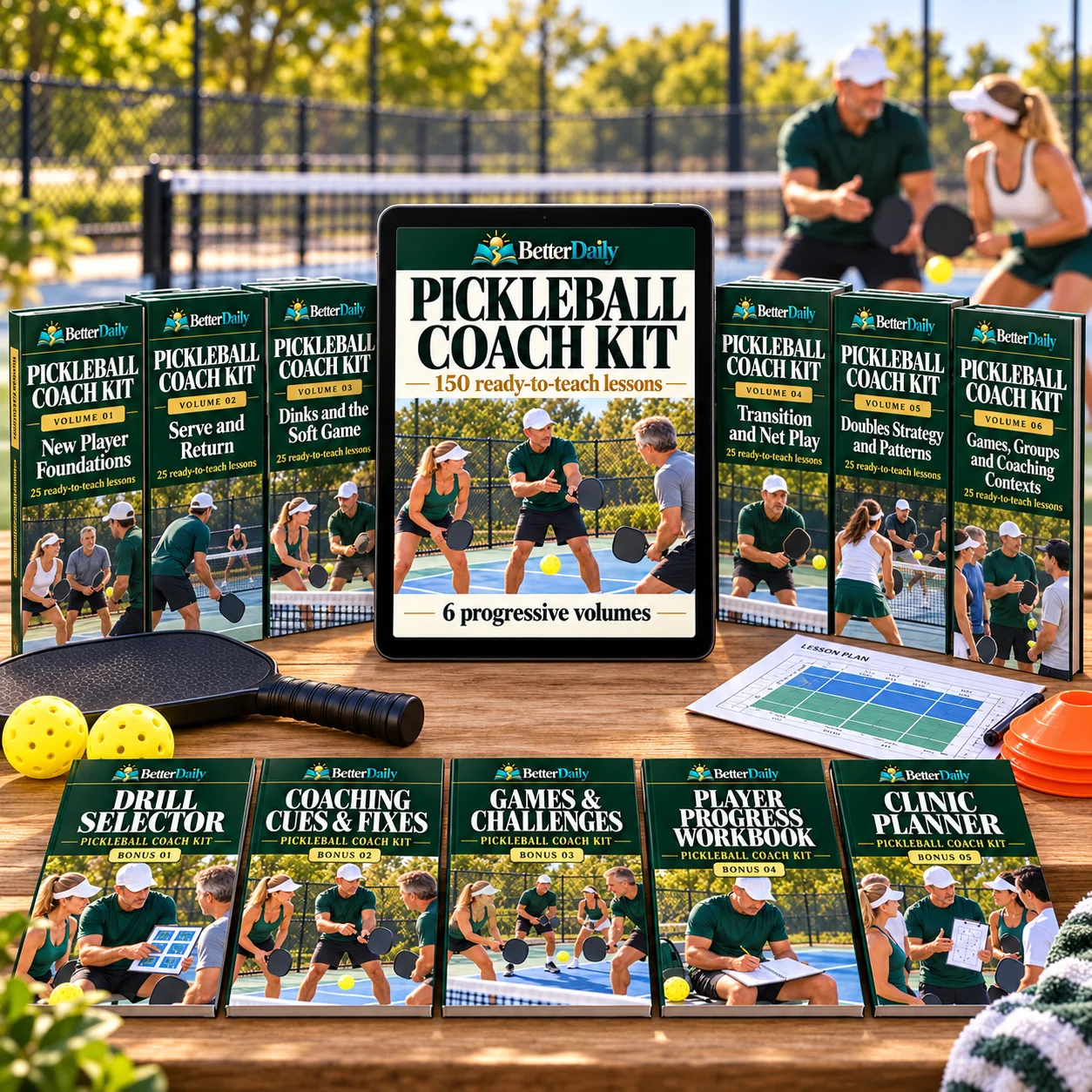 BetterDaily Pickleball kit on court: one central tablet, six volume books and five bonus guides