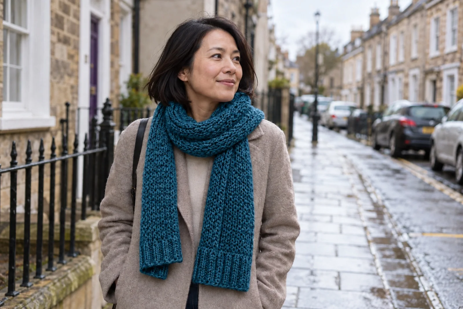 A woman wearing a handmade teal scarf on an everyday walk