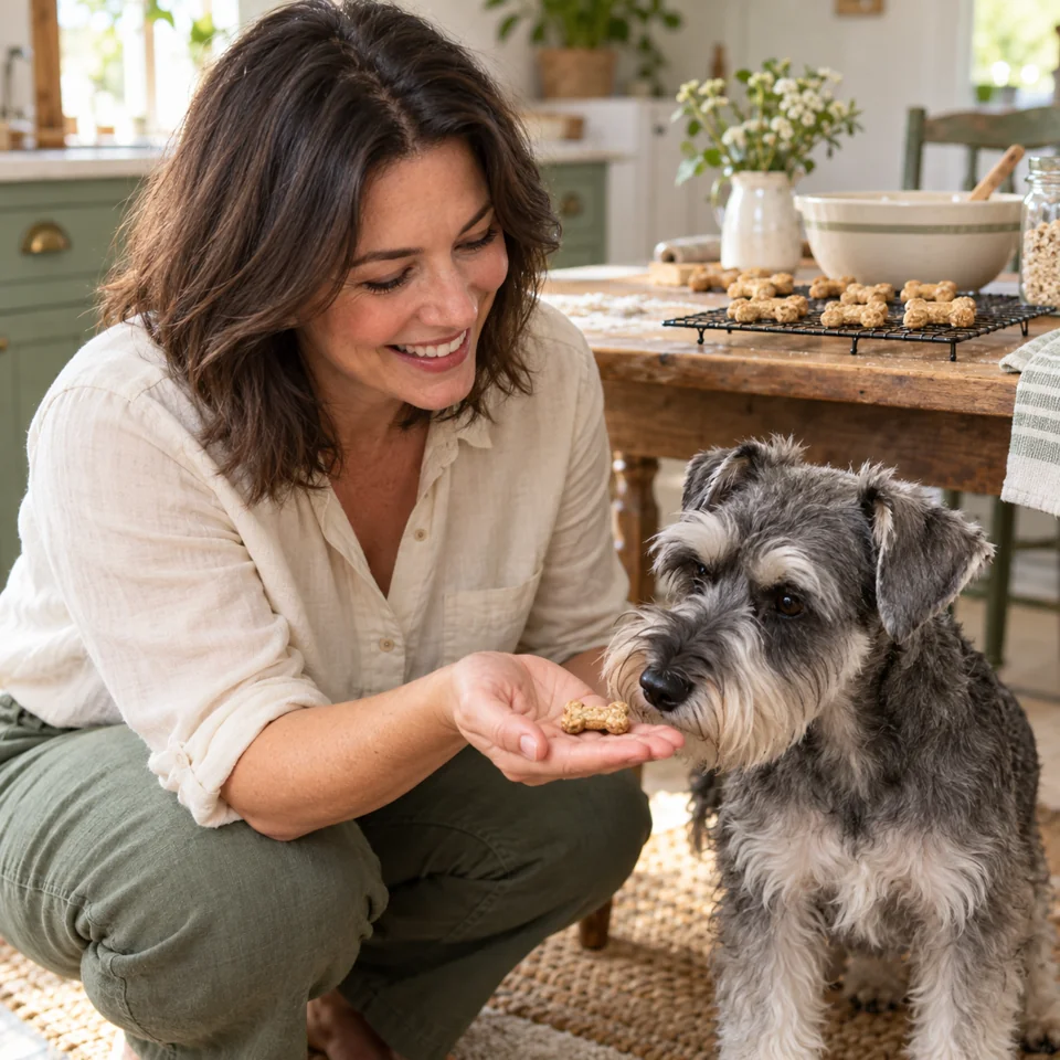 Illustration of a home baker sharing a small cooled biscuit with her gray schnauzer