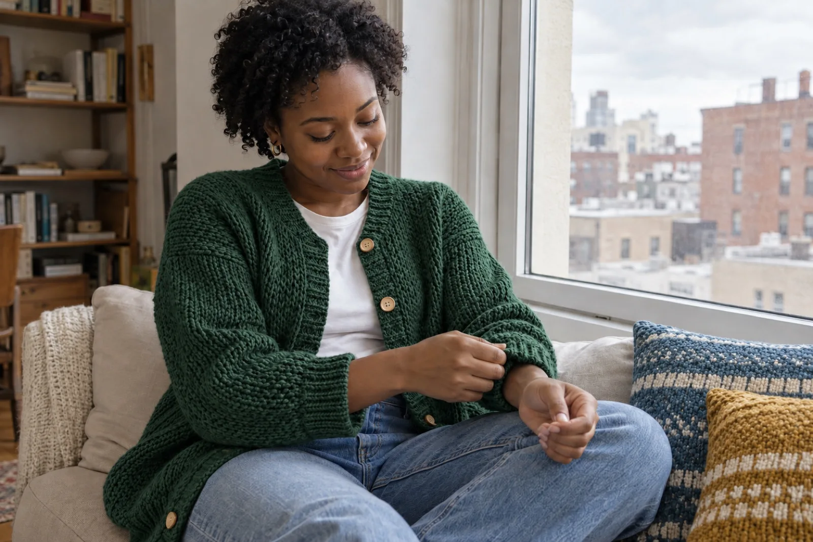 A woman wearing a handmade forest-green cardigan at home