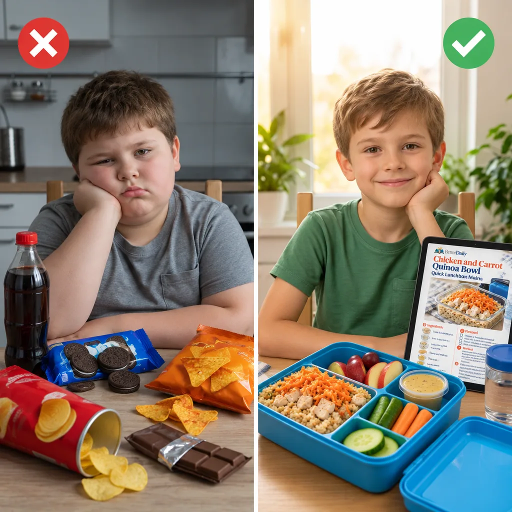 Left: a child with chips, cookies and soda. Right: a smiling child with a homemade healthy lunchbox