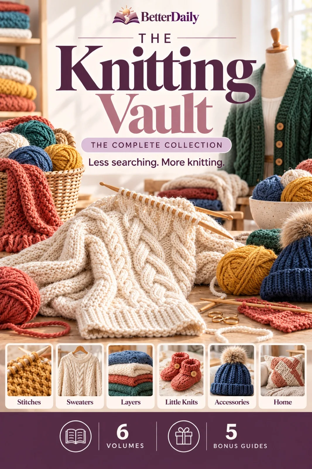 The Knitting Vault cover with wool, cable-knit sweater and knitting needles