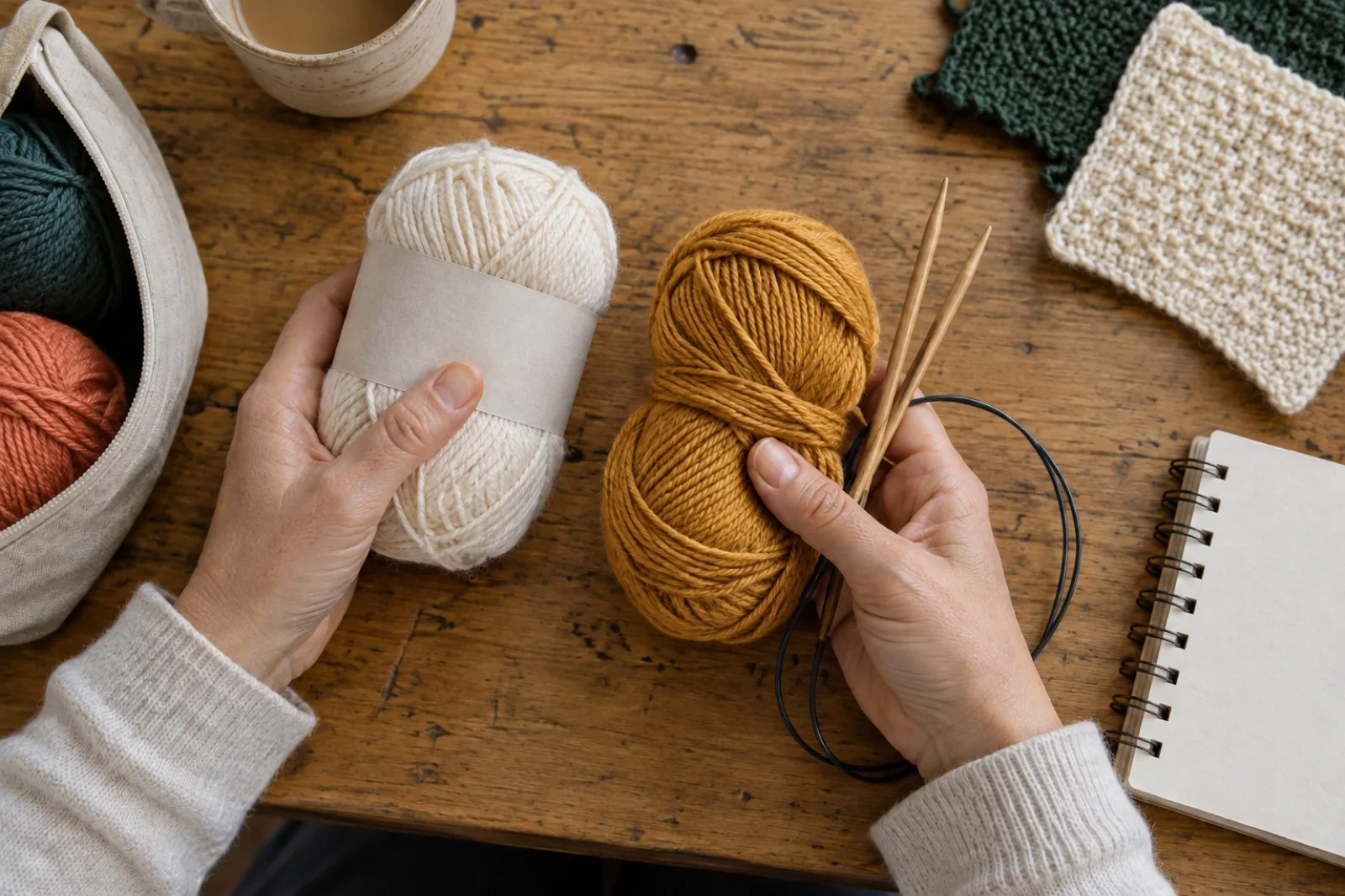 Hands choosing yarn and knitting needles for a project