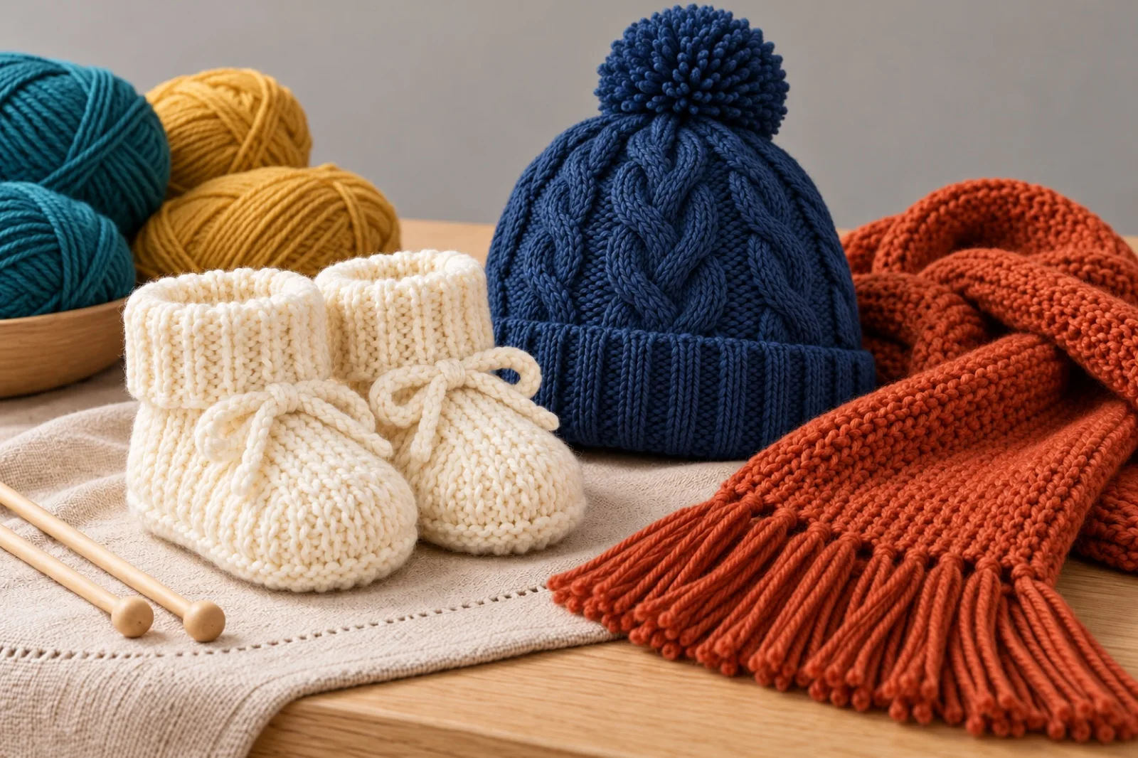 Knitted baby booties, scarf and hat beside wool and needles